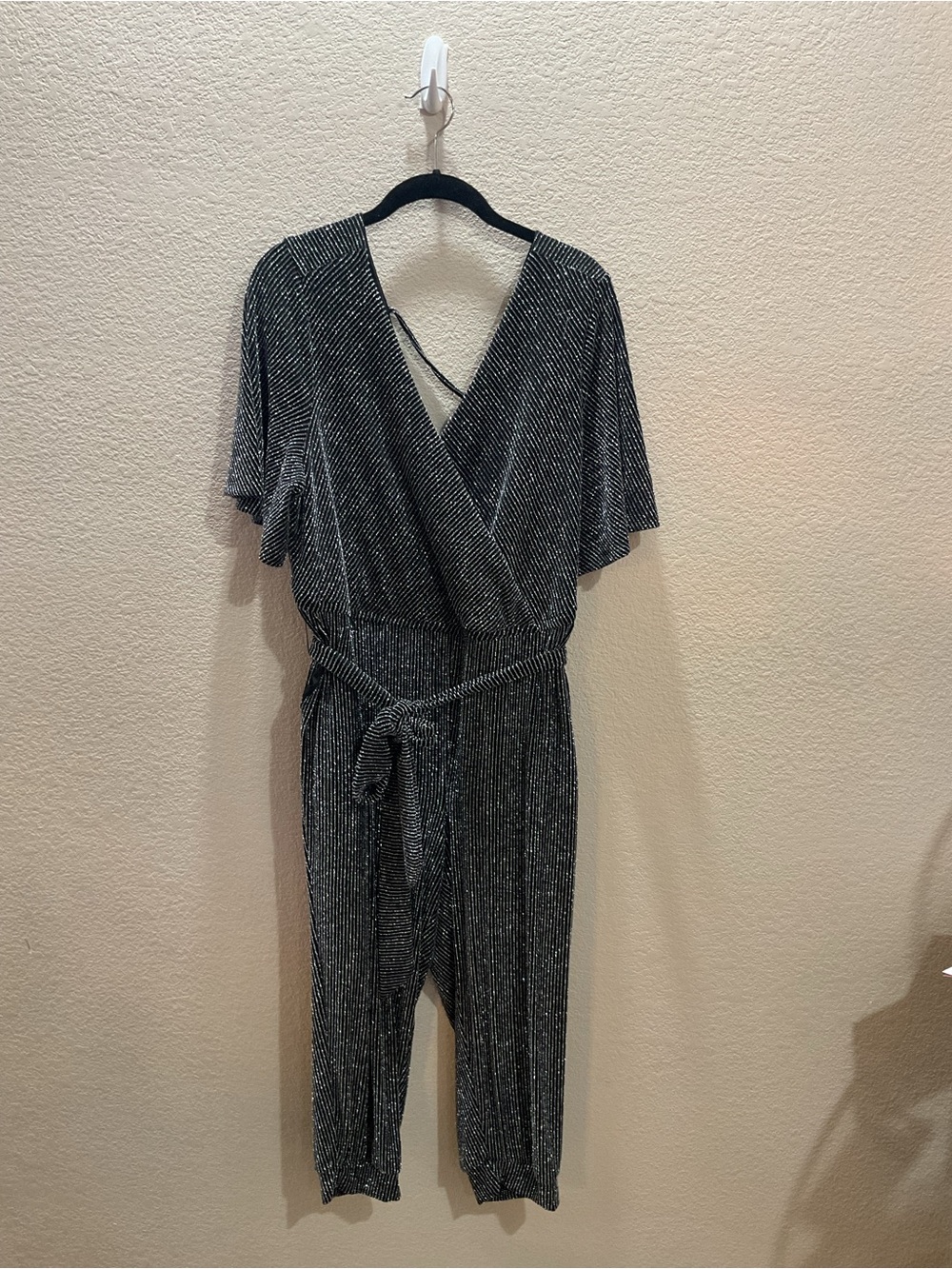 torrid Black and Silver Metallic Wrap Jumpsuit